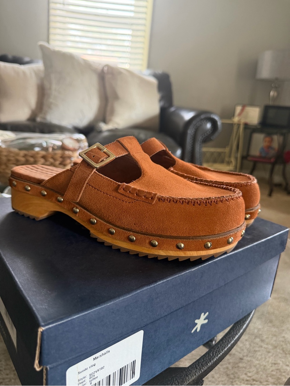 Suede Slip-On Clog Mules in Rust Brown